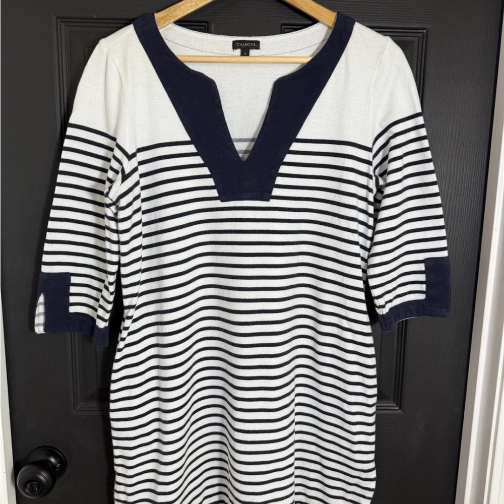 Talbots Navy and White Striped Tunic Top With Pockets